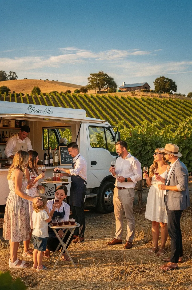 Автодом с логотипом туристического центра, стоящий на парковке у туристического объекта, с вывесками о билетах и местных скидках.