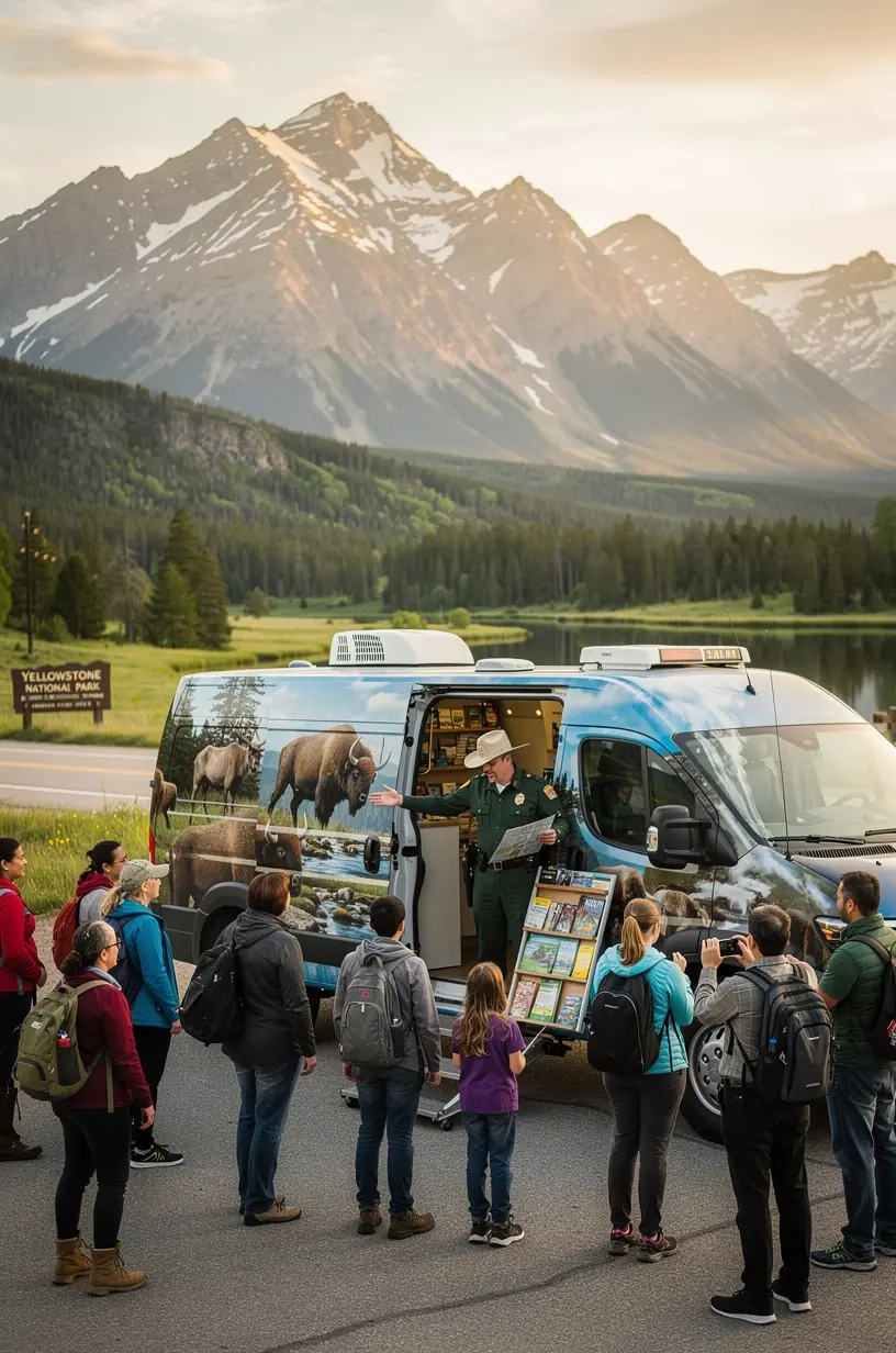 Мобильный фургон с информацией о турах и специальных предложениях для путешественников в оживлённом туристическом районе.